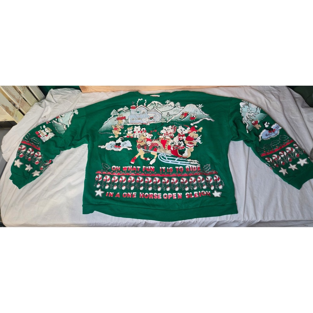 Vintage 1991 Nutcracker Christmas Sweatshirt Green Puff Print 2XL Holiday Sleigh